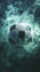 Soccer ball floats in dramatic teal smoke and dark space