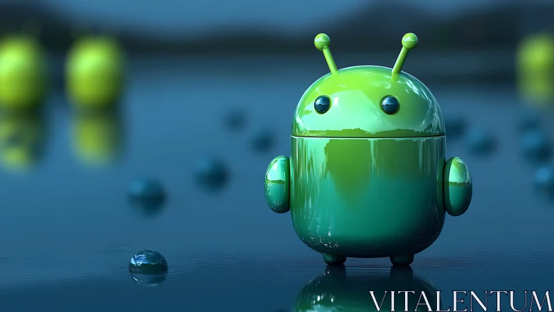 Glossy green robot stands on reflective blue water surface.