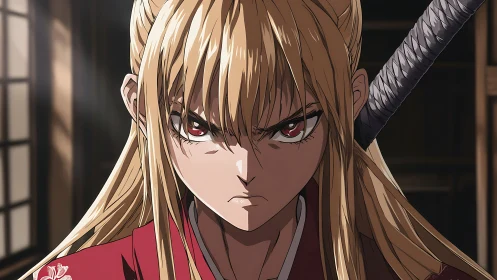 Intense blonde swordswoman in red kimono stares ahead.