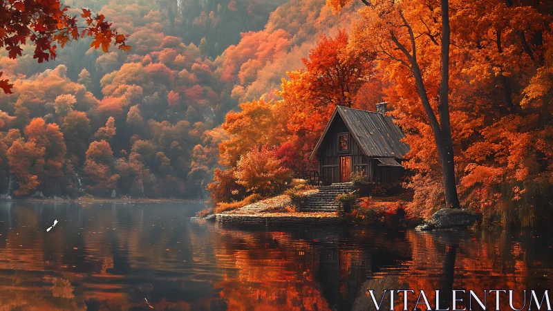 Digital painting of lakeside cabin in dense autumn forestscape.