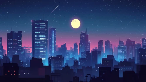 Neon dusk skyline with lunar focal point in digital painting.