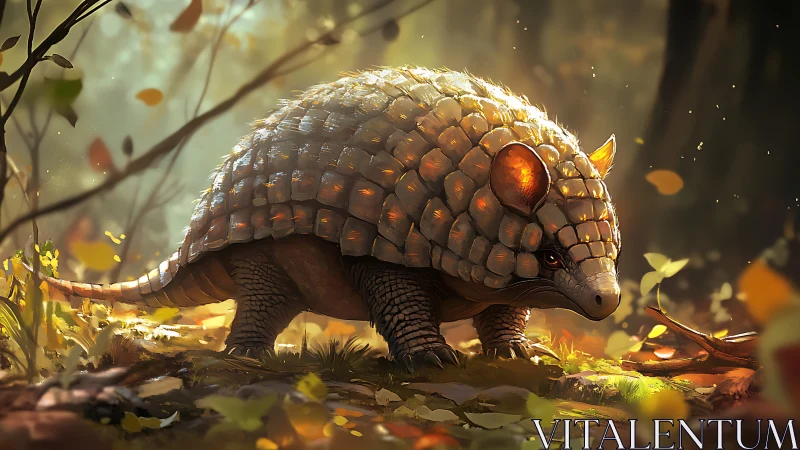 Gentle armored forest creature strolls through glowing leaves