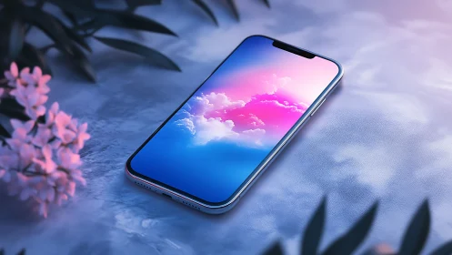 Modern smartphone displaying volumetric cloud gradient with magenta-blue chromatic transition.
