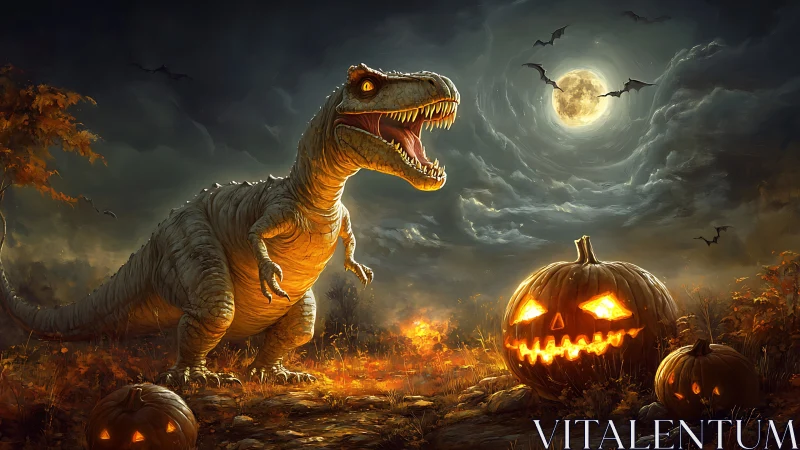 Predatory dinosaur roars beside blazing jack-o’-lanterns under moonlit sky.