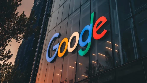 Google logo is displayed on a glass corporate building facade