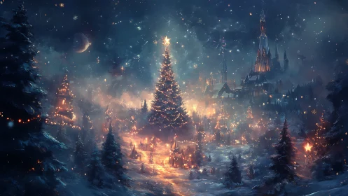 Magical winter village glowing around a starlit tree.