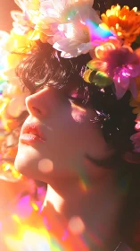 Profile portrait shows floral wreath and prismatic light