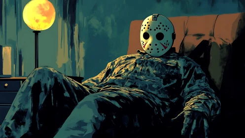 Masked figure resting in dim room under moonlike lamp.