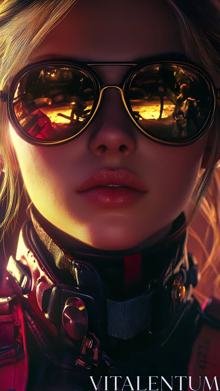 Futuristic woman in reflective goggles and tactical gear closeup.