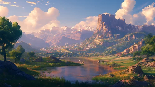 Sunlit fantasy valley renders stratified cliffs and river basin