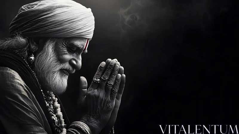 Elderly man in profile with hands joined against dark background.