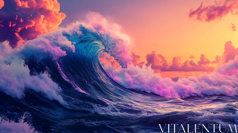 Digitally rendered ocean wave under saturated sunset sky.