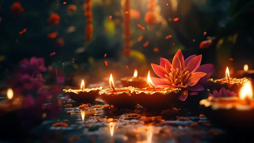 Lotus whispers and festival flames glow against velvet dusk.