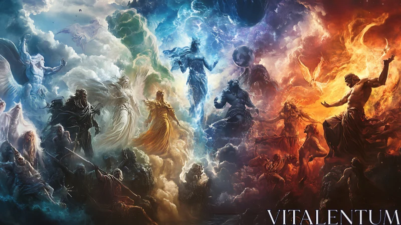Mythic gods locked in stormy sky battle of elements.