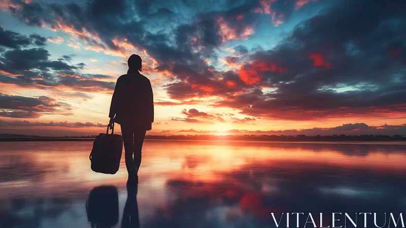 Silhouetted traveler stands by reflective water at sunset