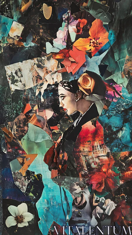Collaged daydream queen stitched from petals and citylight.