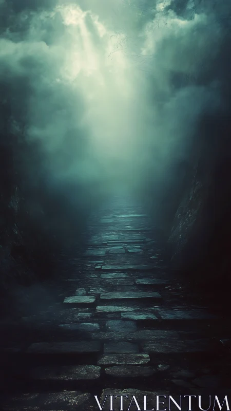 Misty stone pathway dissolving into ethereal backlit fog.