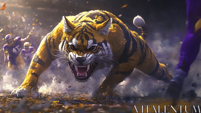 Ferocious tiger mascot charging across illuminated stadium turf.