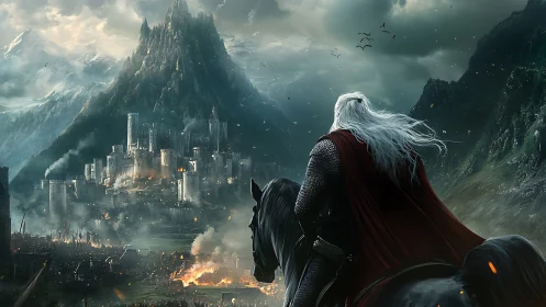 Armored rider surveys fortified mountain city under attack