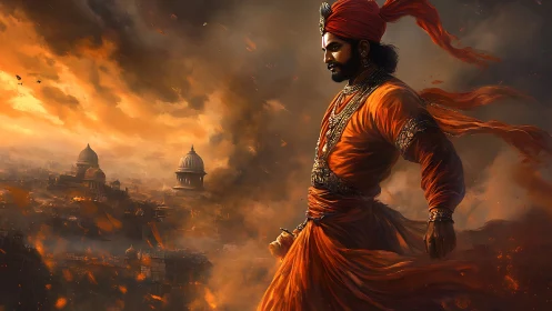 Warrior in orange robes above burning domed cityscape.