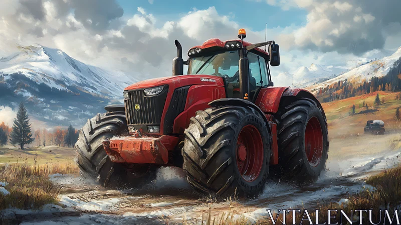 Red heavy-duty tractor crossing muddy alpine farm trail.