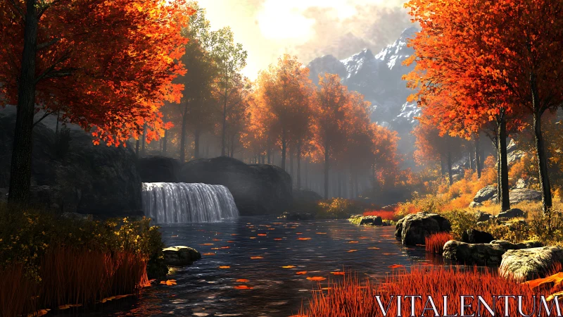 Digital render depicts autumn river, waterfall, and forest