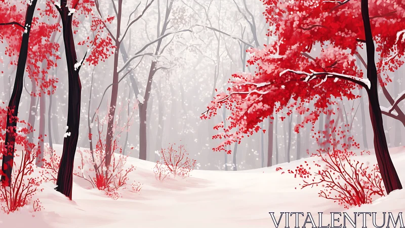 Red Leaves Dance Through Misty Winter Forest Path.