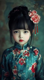 Porcelain Dreams: Child in Jade Silk Crowned with Cherry Blossoms.
