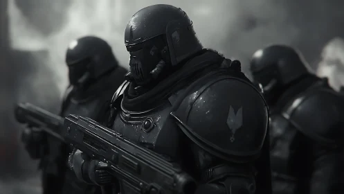 Armored futuristic soldiers holding rifles in formation.