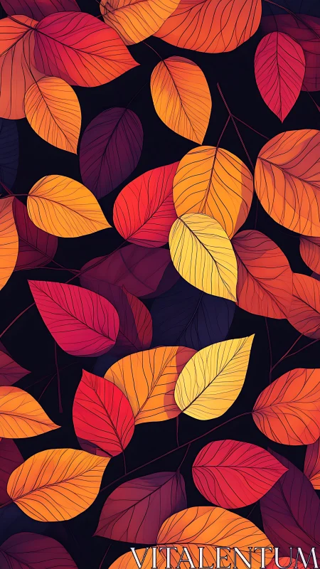 Overlapping autumn leaves display warm gradients on dark background