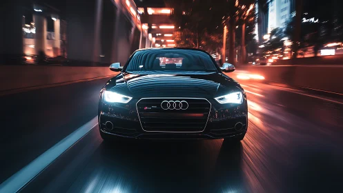 Black Audi sedan driving fast on city street at night.