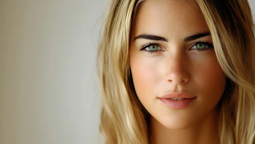 Portrait shows close frontal view of young woman in soft focus