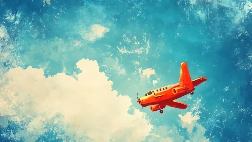 Vivid orange propeller aircraft rendered against textured cyan sky