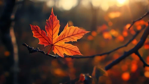 Single maple leaf aglow in warm autumn backlight bokeh.
