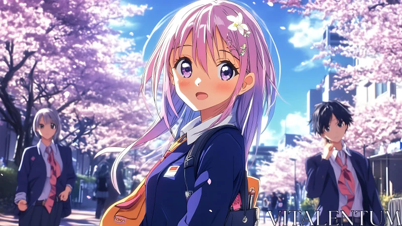 Springtime anime schoolgirl under soft pink cherry blossoms.