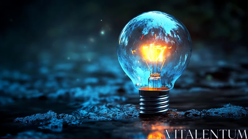 Glowing light bulb rests on wet ground in cool blue night