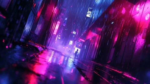 Neon rain drifting through a quiet midnight city alleyway.