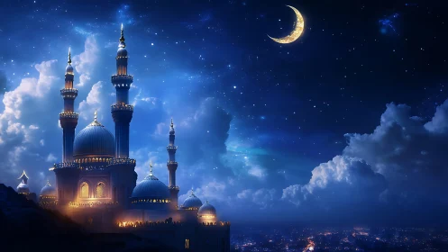 Moonlit palace mosque glows above starlit dream city.