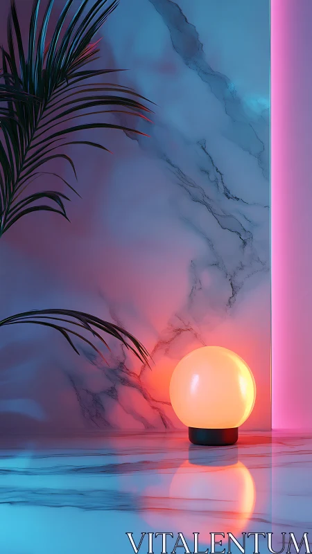 Spherical lamp on marble surface with neon side lighting.