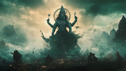 Mythic multi-armed deity amid turbulent temple stormscape.