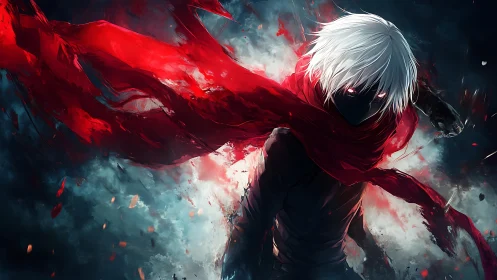 Scarlet storm-rider with glowing eyes cleaves through night.