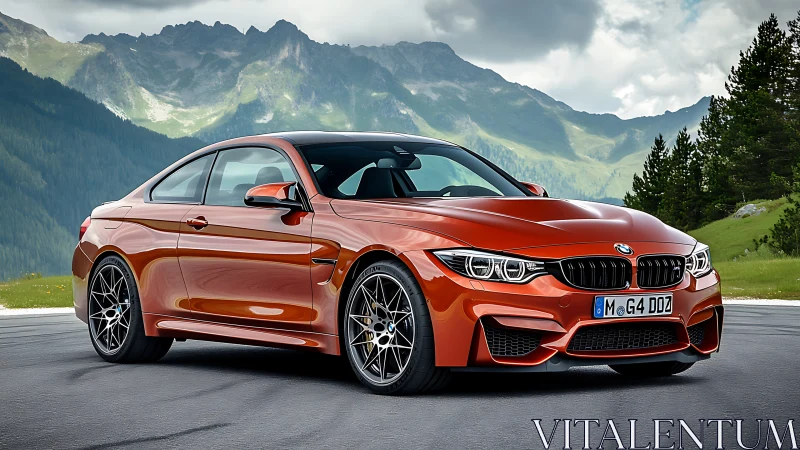 Sunlit orange sports coupe resting in peaceful mountain air.