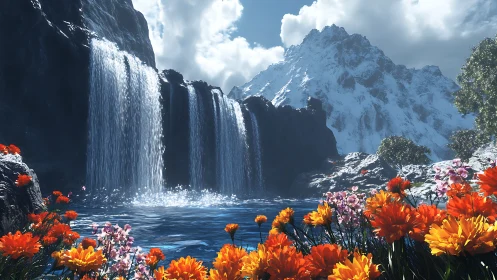 Mountain waterfall cascades into alpine pool amid vivid flora