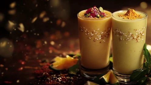 Spiced mango and turmeric lassi in cinematic bokeh lighting.