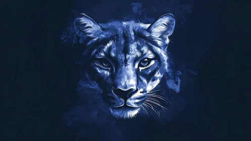 Electric blue panther face emerges from deep midnight void.