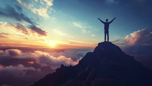 Silhouetted hiker on mountain summit above cloud deck at sunrise