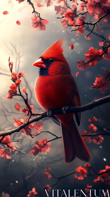 Red cardinal on flowering branch in soft diffused light.