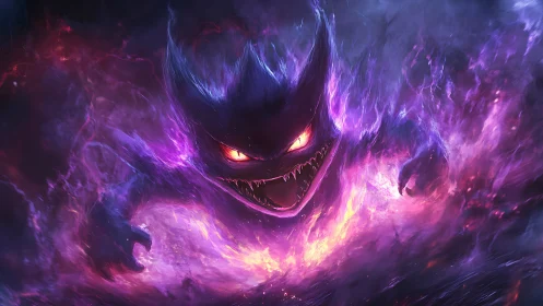 Ghostly monster erupts from neon purple firestorm of energy