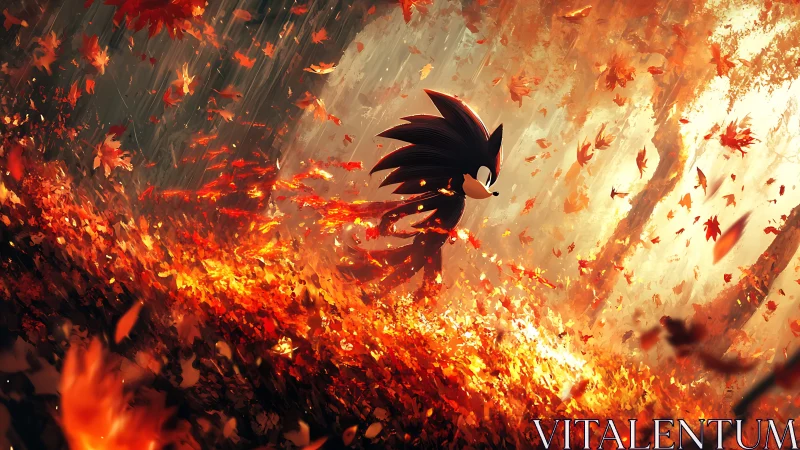 Anthropomorphic hedgehog silhouette in dynamic autumn leaf storm