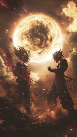 Fiery anime warriors confront beneath a blazing cosmic sun